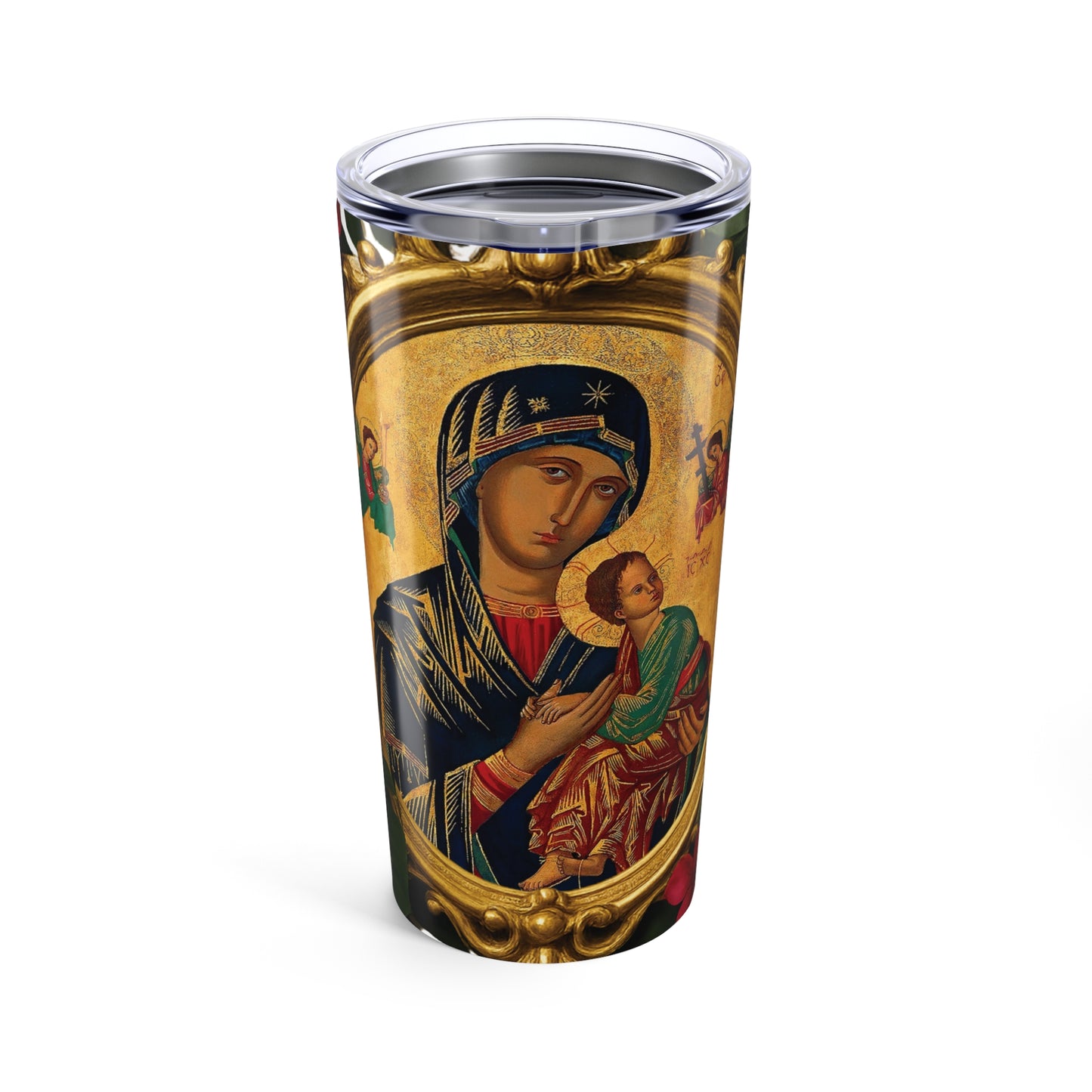 20oz Tropical Glossy Tumbler, Stainless Steel / Framed Our Lady of Guadalupe, Monstera