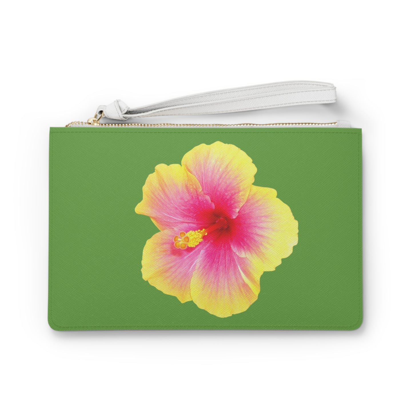 Tropical Faux Leather Clutch Bag - Perfect for Beach Adventures & Summer Vacations / Photo Yellow Hibiscus, Green