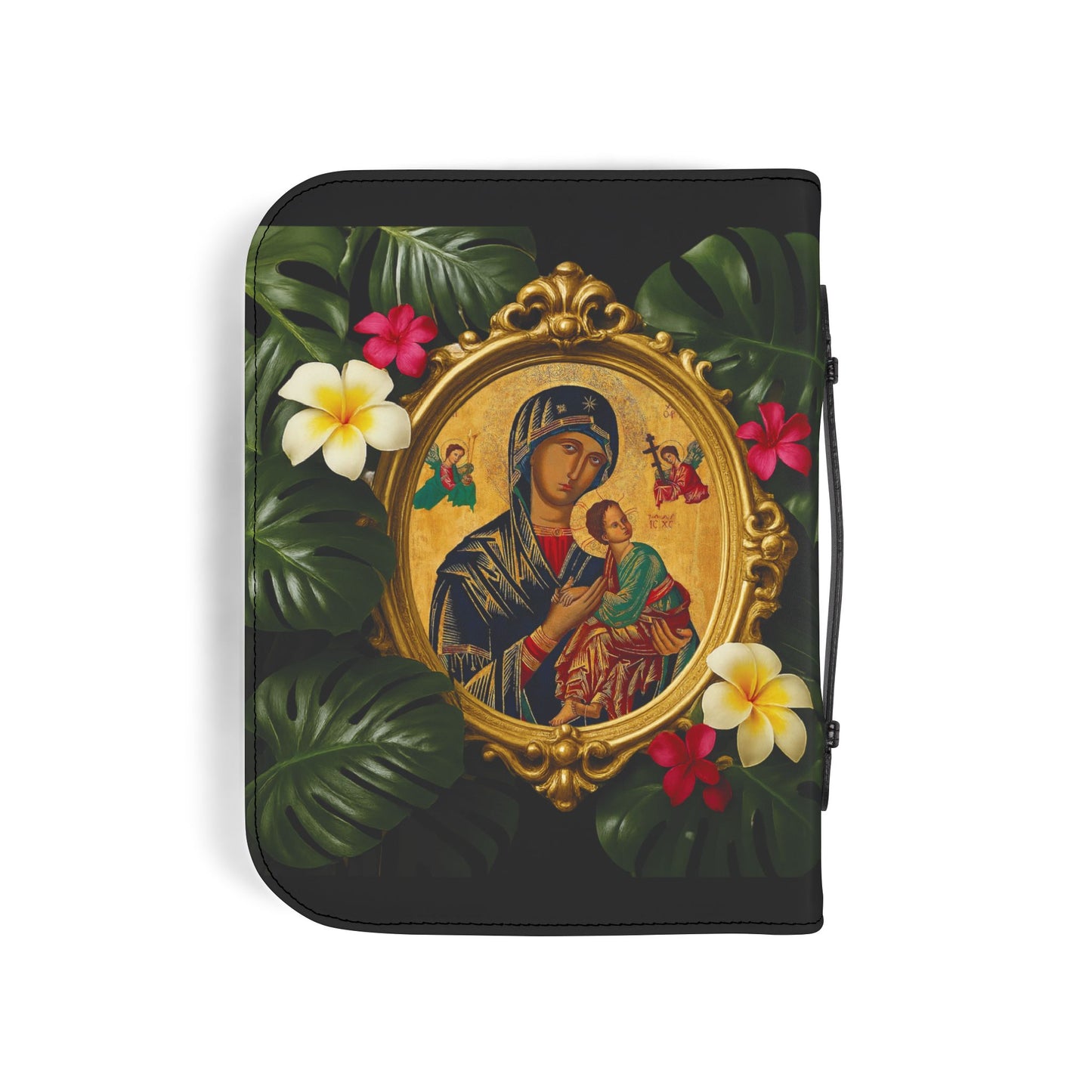 Tropical Bible Cover, Our Lady of Perpetual Help Black / Floral Bible Protector, Church Accessories