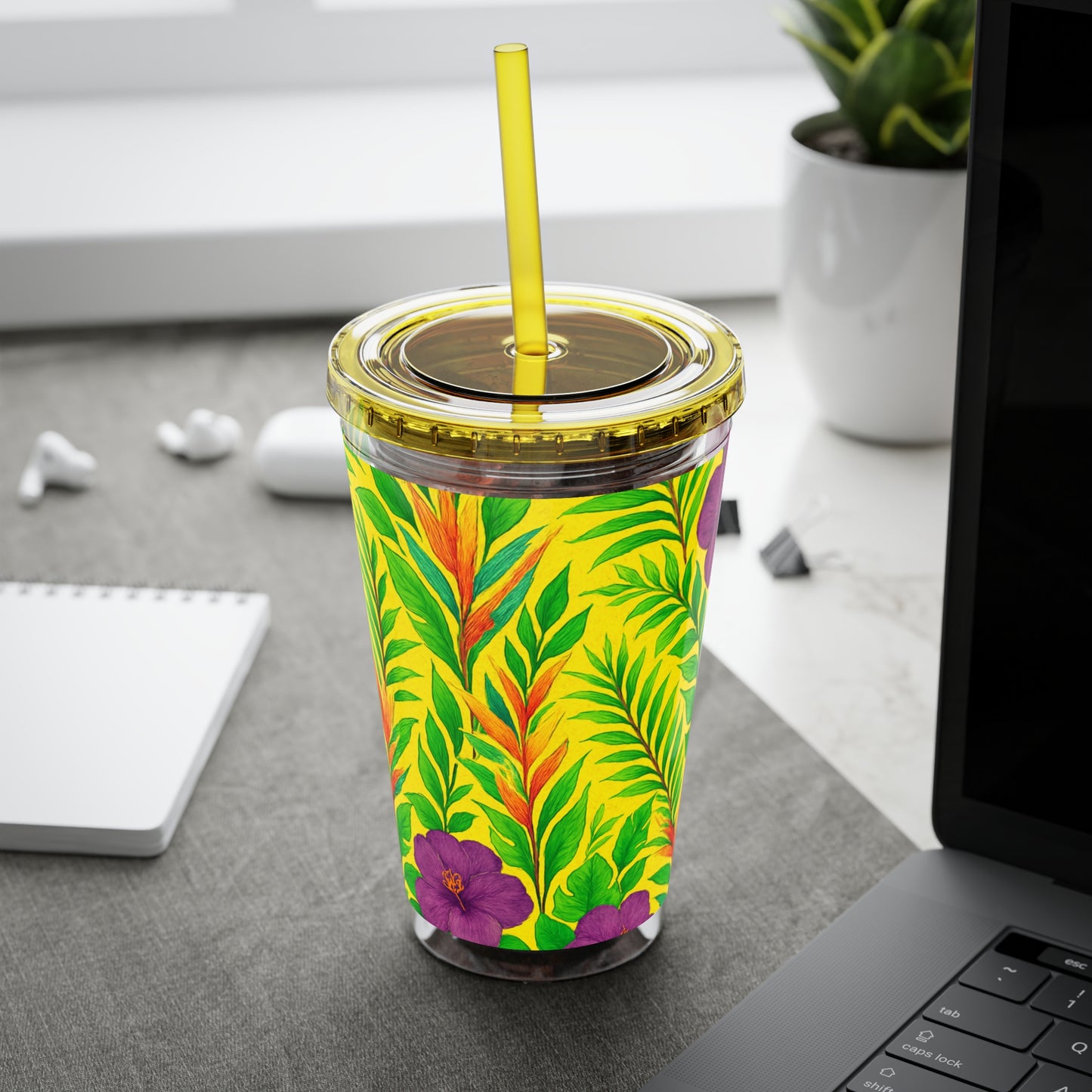 Tropical Tumbler with Straw | 16oz Colorful Travel Cup / Midnight Flower Yellow