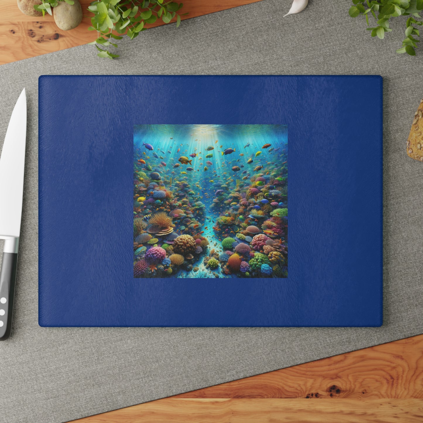 Glass Cutting Board, 2 sizes - Busy Coral Reef/Dark Blue