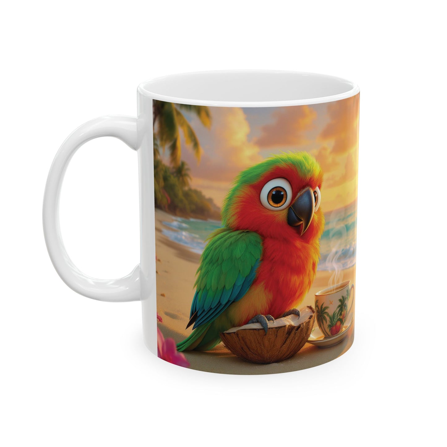 Ceramic White Mug - Tiki the Parrot on the Beach