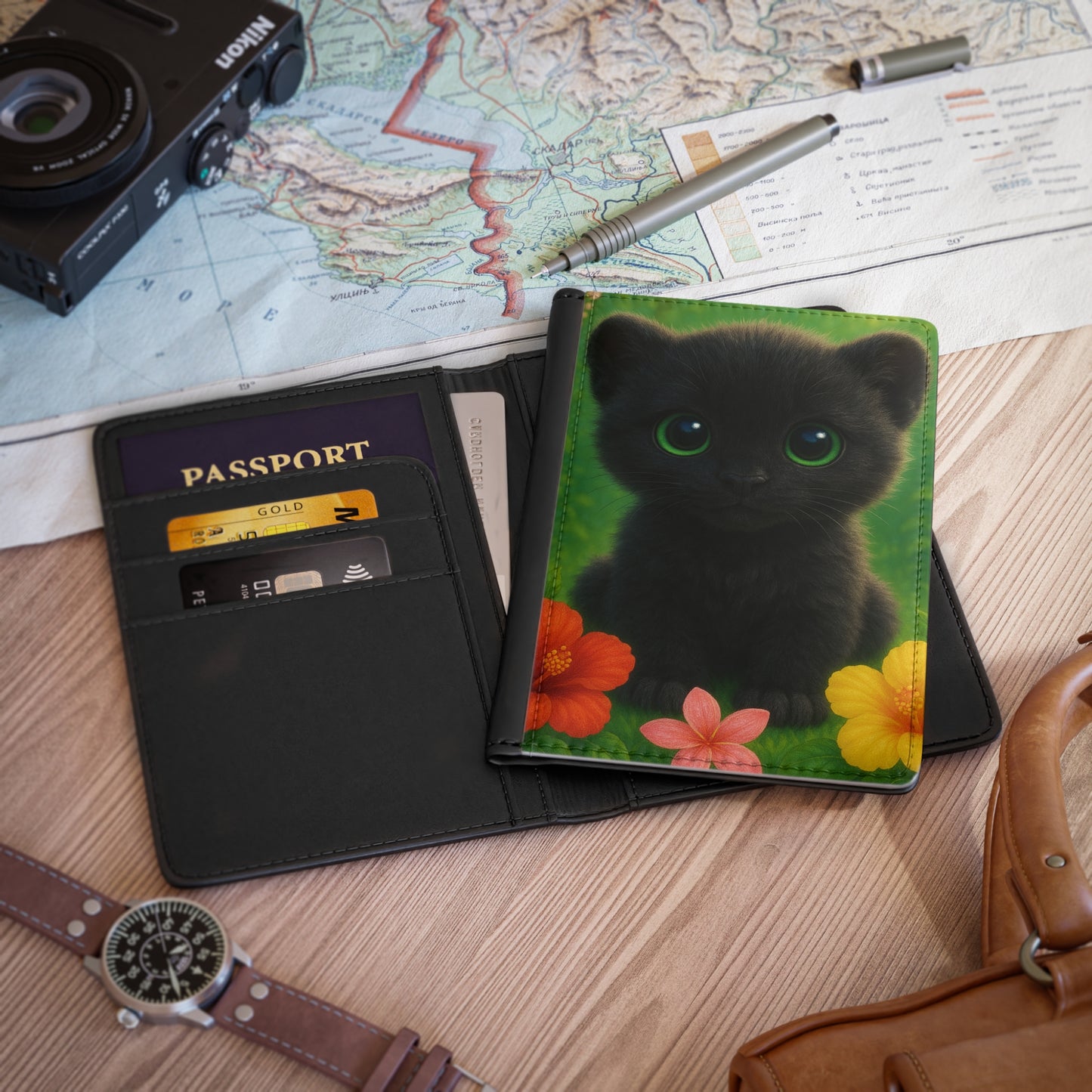 Tropical Passport Cover, Faux Leather - RFID blocking for travel security / Baby Black Panther