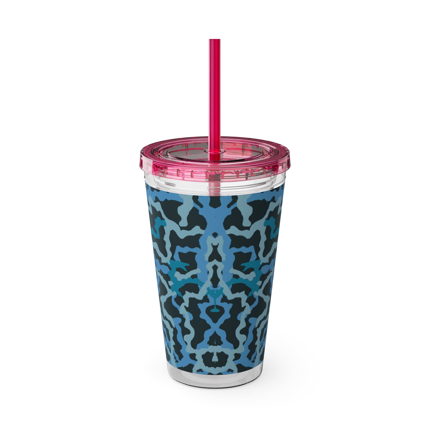 Tropical Tumbler with Straw | 16oz Colorful Travel Cup / Coral Threads, Blue