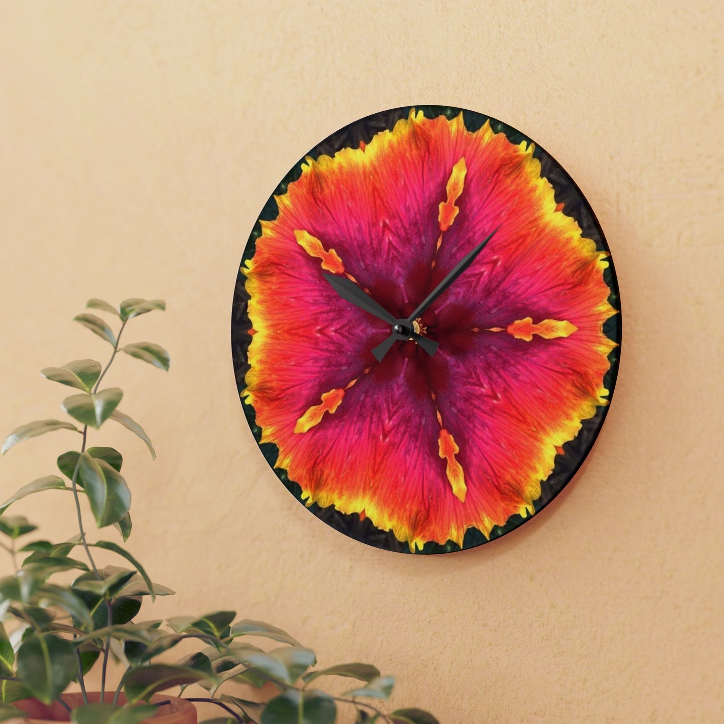 Acrylic Wall Clock - Hibiscus Kaleidoscope #1, Various Sizes