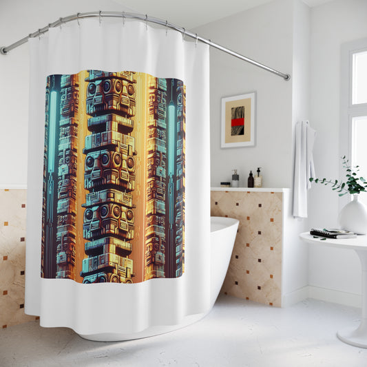 Tropical Shower Curtain - Rainforest Bathroom Decor / Techno Tiki Totems, White