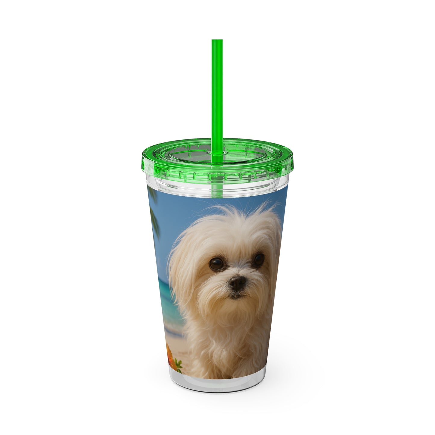 Tropical Tumbler with Straw | 16oz Colorful Travel Cup / Puppy Ariel at the Beach