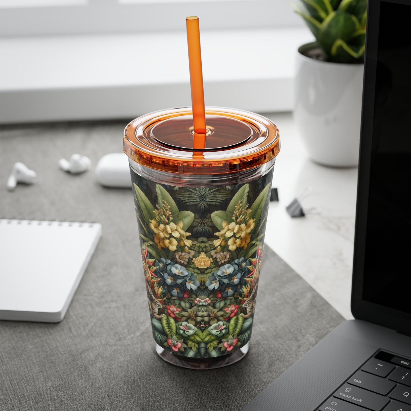 Tropical Tumbler with Straw | 16oz Colorful Travel Cup / Rainforest Rabbit Outing