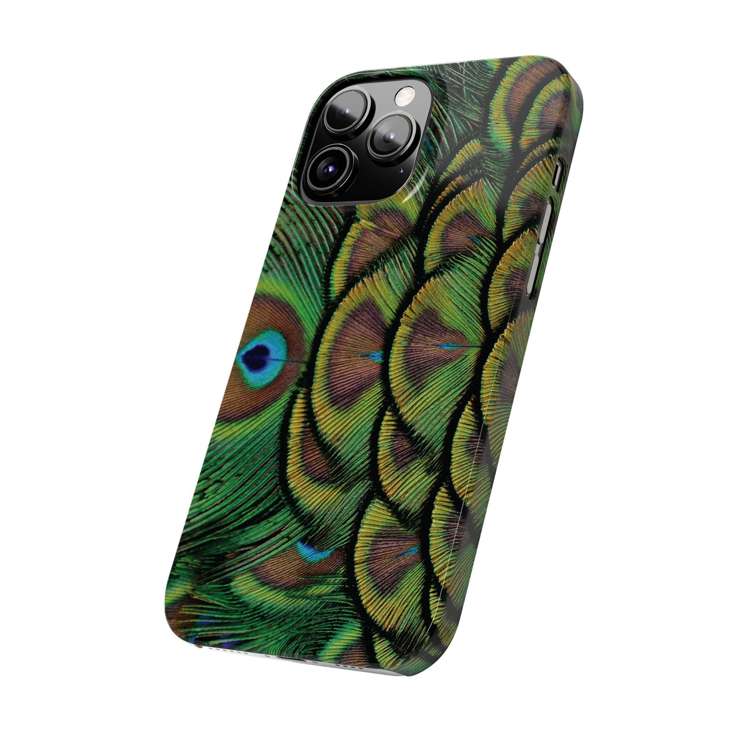 Slim Phone Cases - Brilliant Green Peacock Feathers