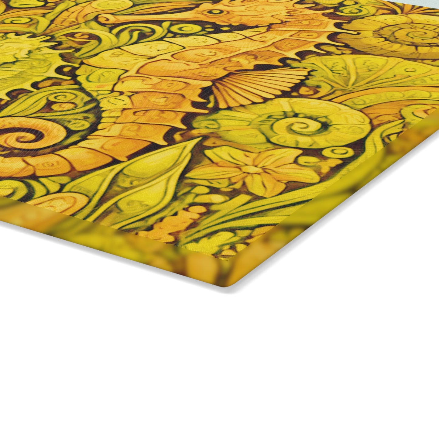 Glass Cutting Board, 2 sizes - Seahorses/Yellow