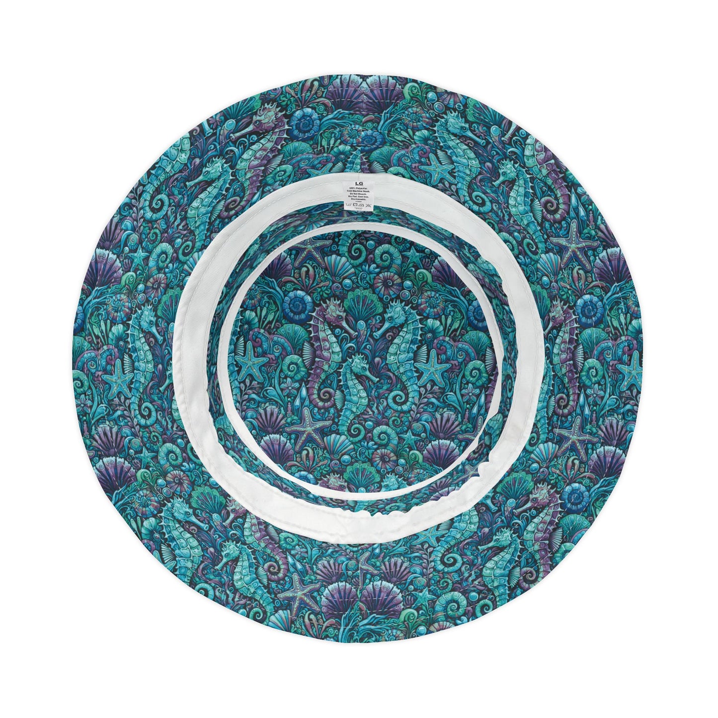 Tropical Polyester Bucket Hat, 2 Sizes - Seahorses Turquoise