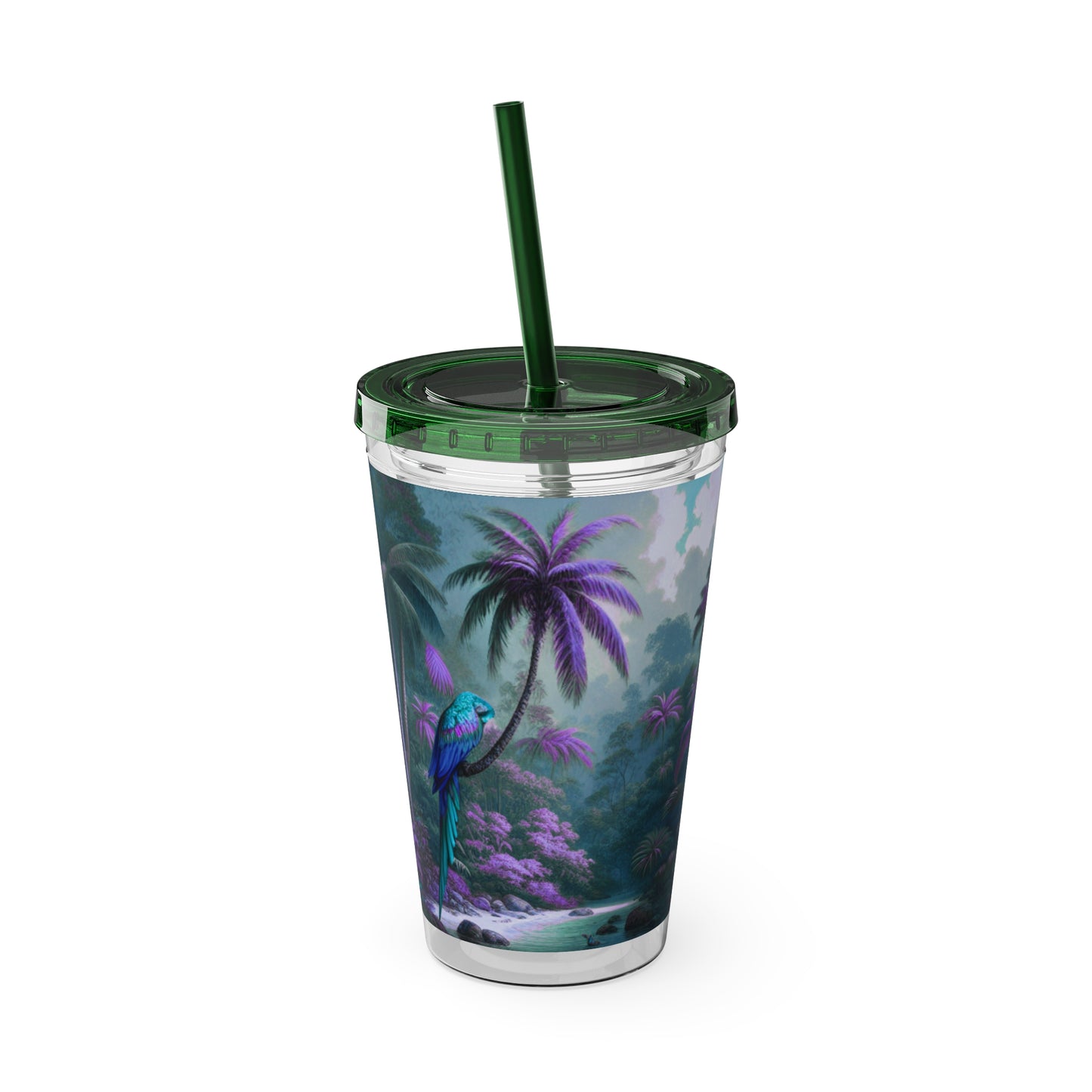 Tropical Tumbler with Straw | 16oz Colorful Travel Cup / Sleeping Parrot/Fantasy