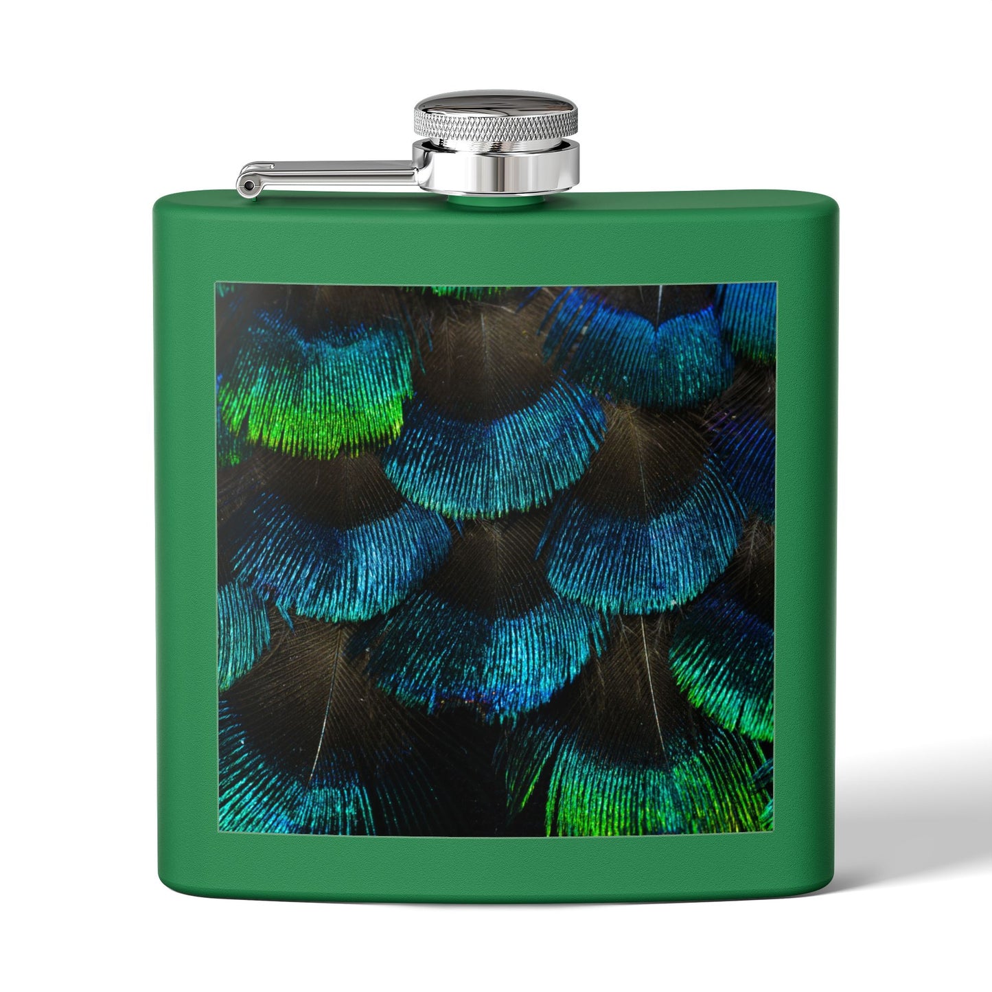 Tropical Stainless Steel 6 oz. Flask, Many Colors  – Real Eyelash Blue/Green Peacock Feathers