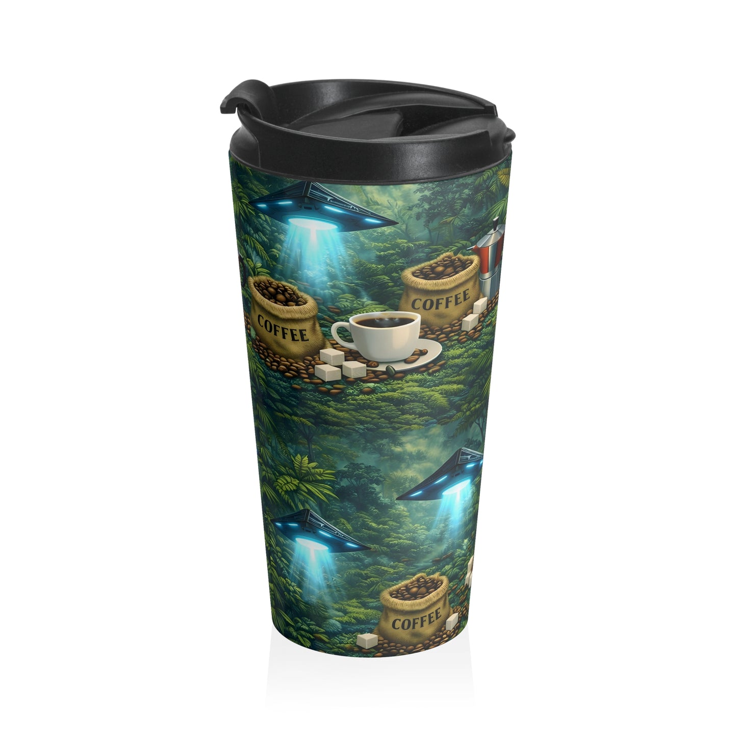 Stainless Steel Travel Mug, 15 oz. — UFO, Coffee Beans & Rainforest Design