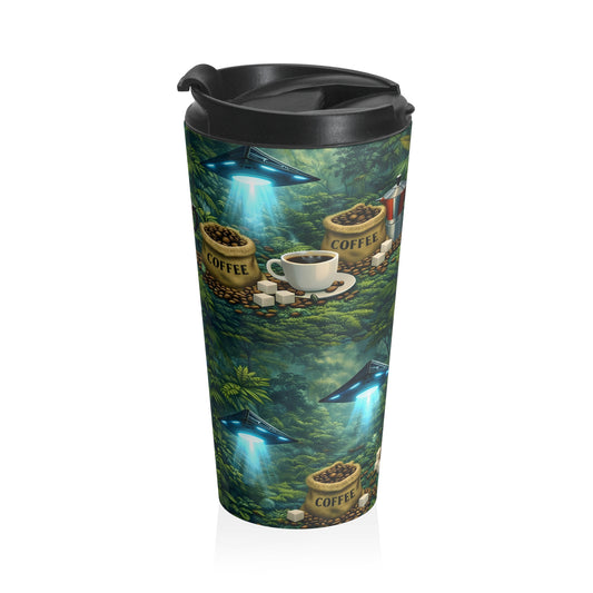 Stainless Steel Travel Mug, 15 oz. — UFO, Coffee Beans & Rainforest Design