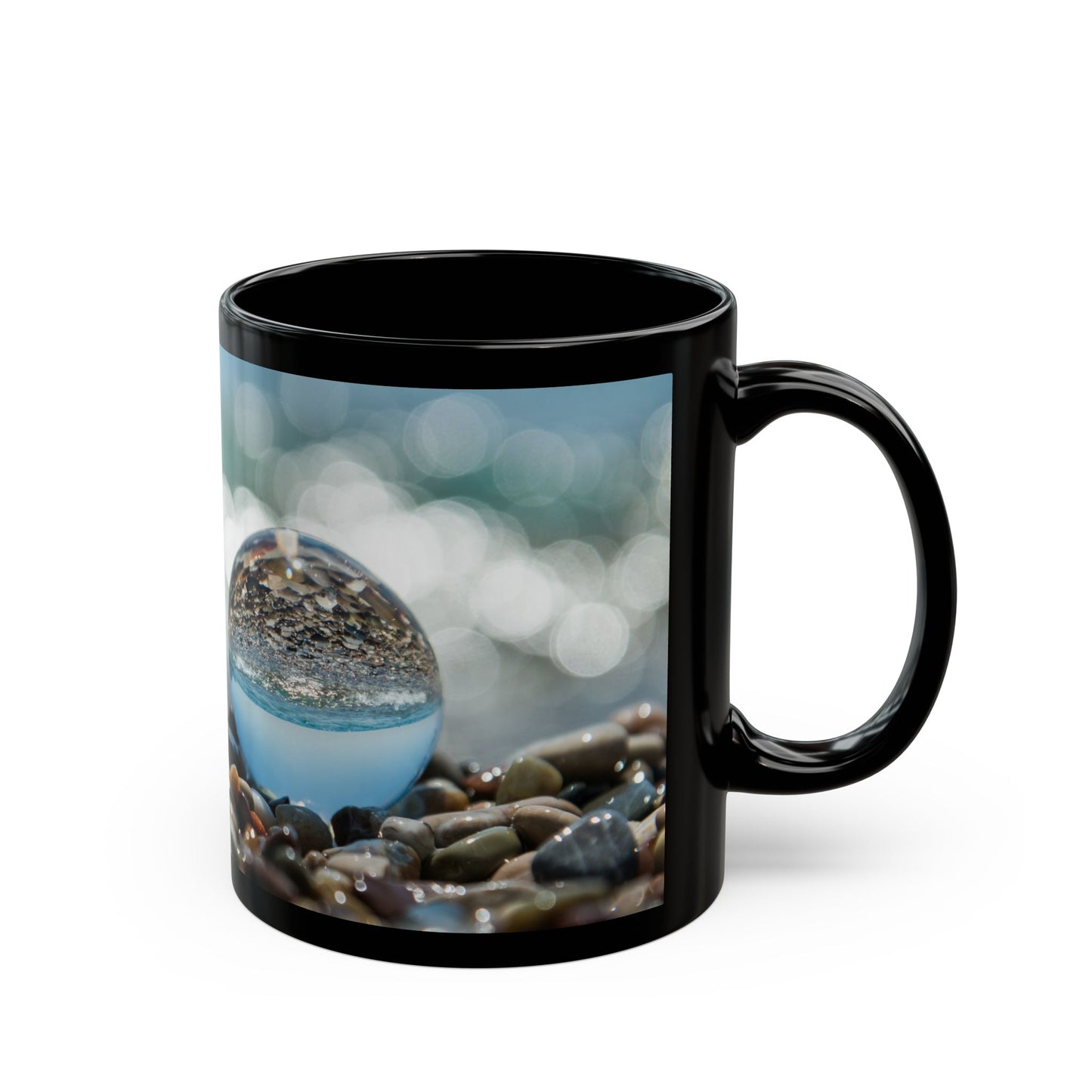 Black Mug (11oz, 15oz), Crystal Ball on Pebbled Beach