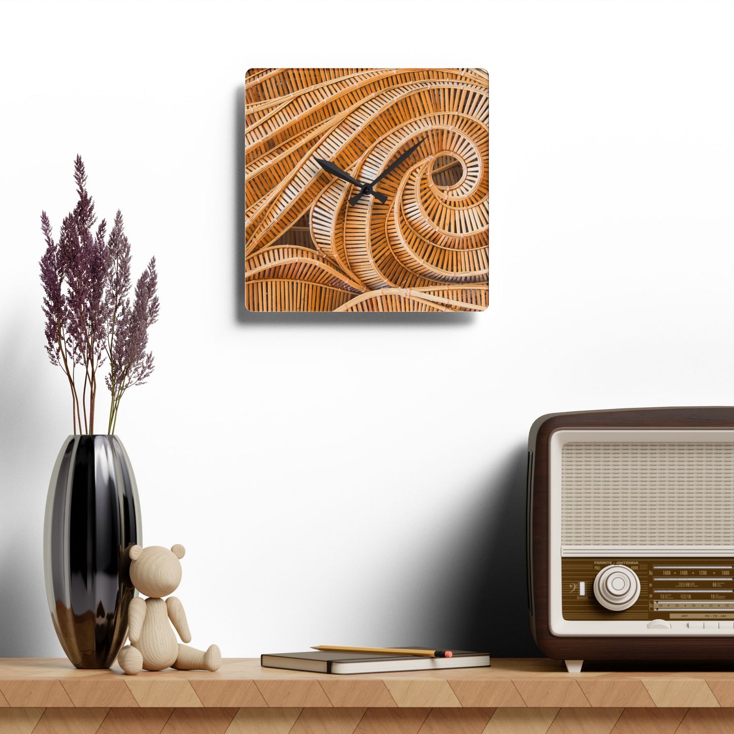 Acrylic Wall Clock, Natural Bamboo Spiral