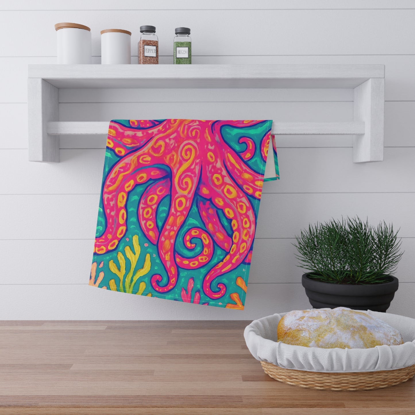 Tea Towels (cotton, poly), Red Kraken Joe