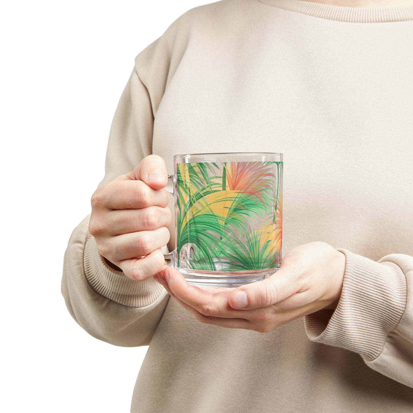 Tropical Glass Mug - 10oz Coffee Cup / Tri-Color Bright Palms