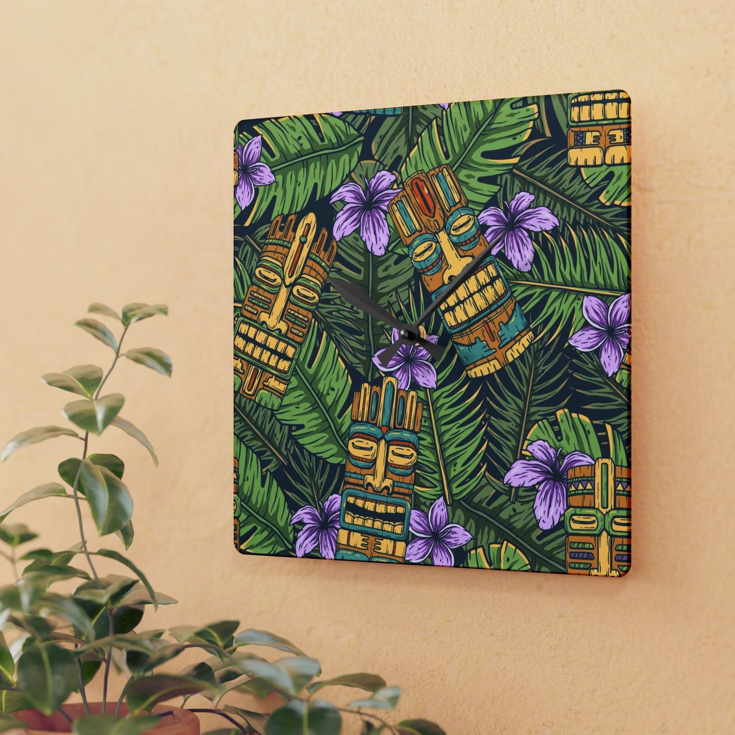 Acrylic Wall Clock, Tiki Purple Greenery