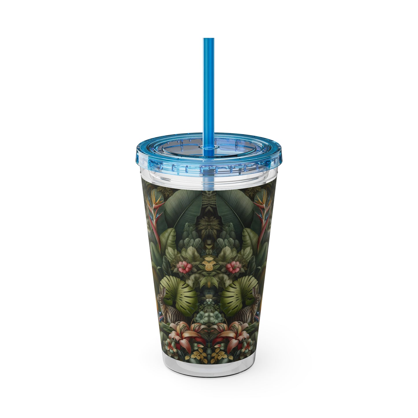 Tropical Tumbler with Straw | 16oz Colorful Travel Cup / Rainforest Rabbit Outing