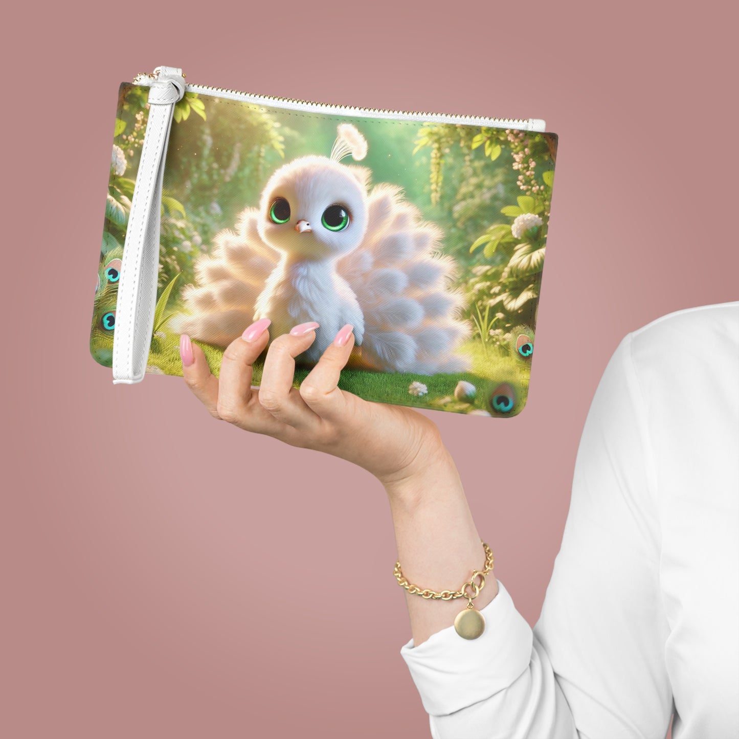 Tropical Faux Leather Clutch Bag - Perfect for Beach Adventures & Summer Vacations / Baby White Peacock