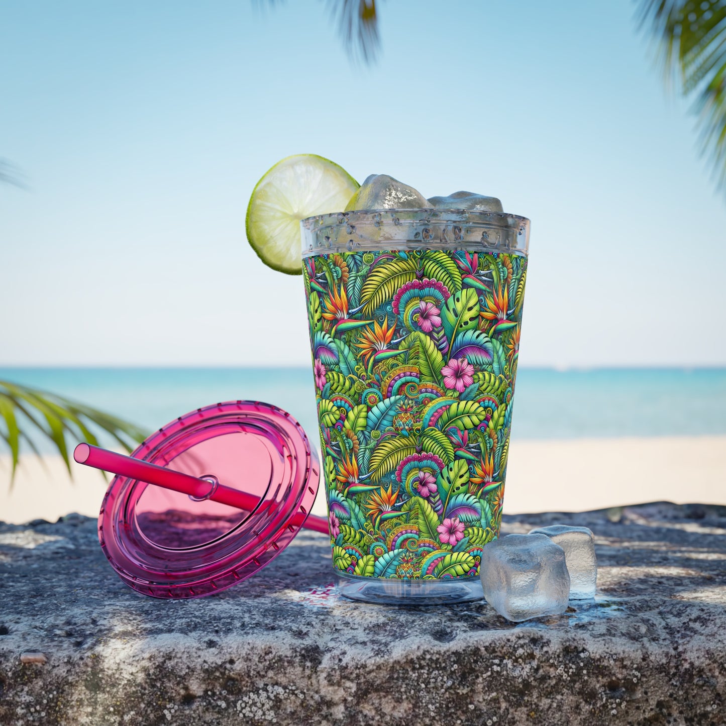 Tropical Tumbler with Straw | 16oz Colorful Travel Cup / Rainforest Blooms