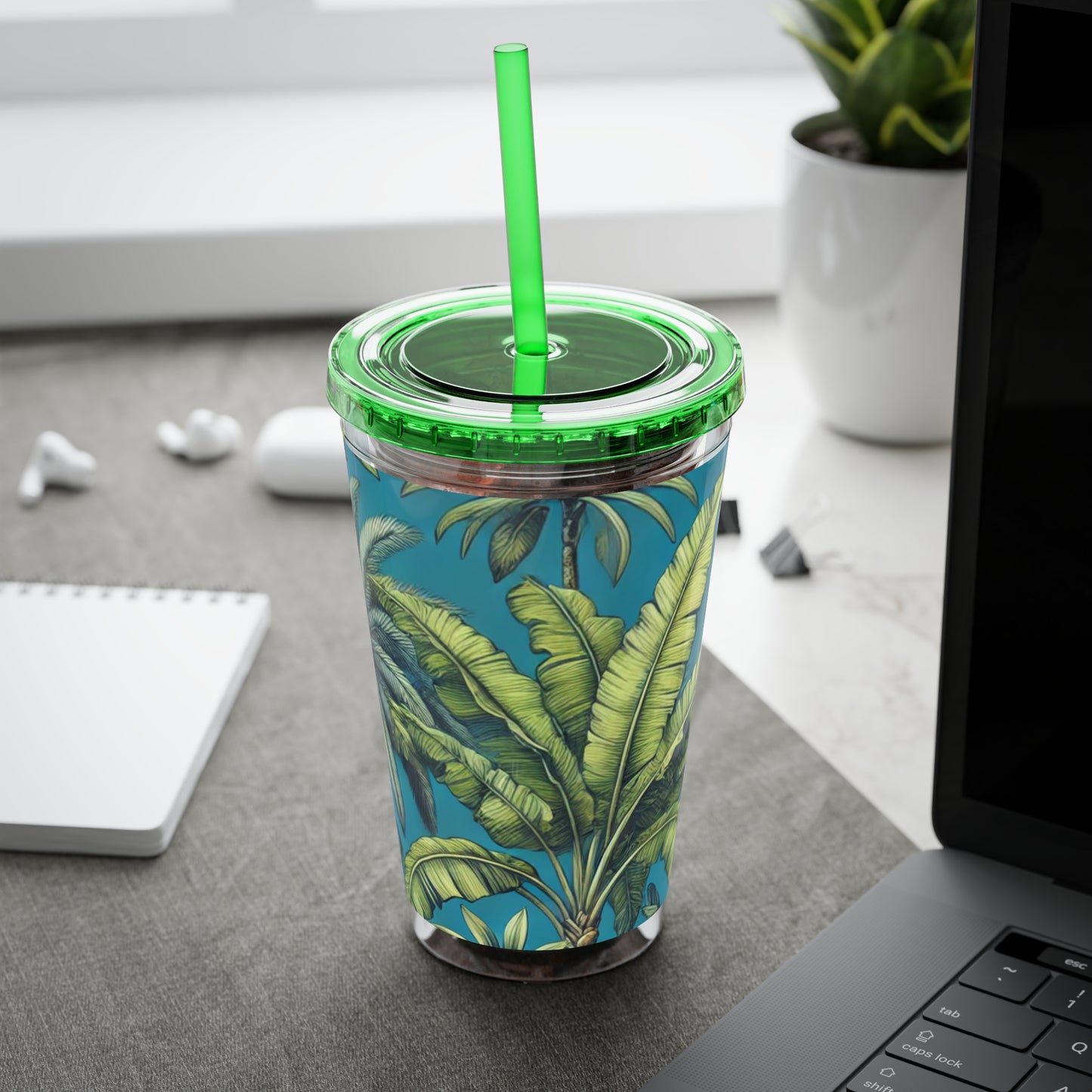 Tropical Tumbler with Straw | 16oz Colorful Travel Cup / Tropical Fruit Blue