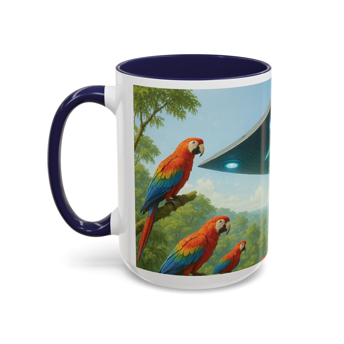 Accent Coffee Mug (11, 15oz), 8 Colors - UFO and Macaws