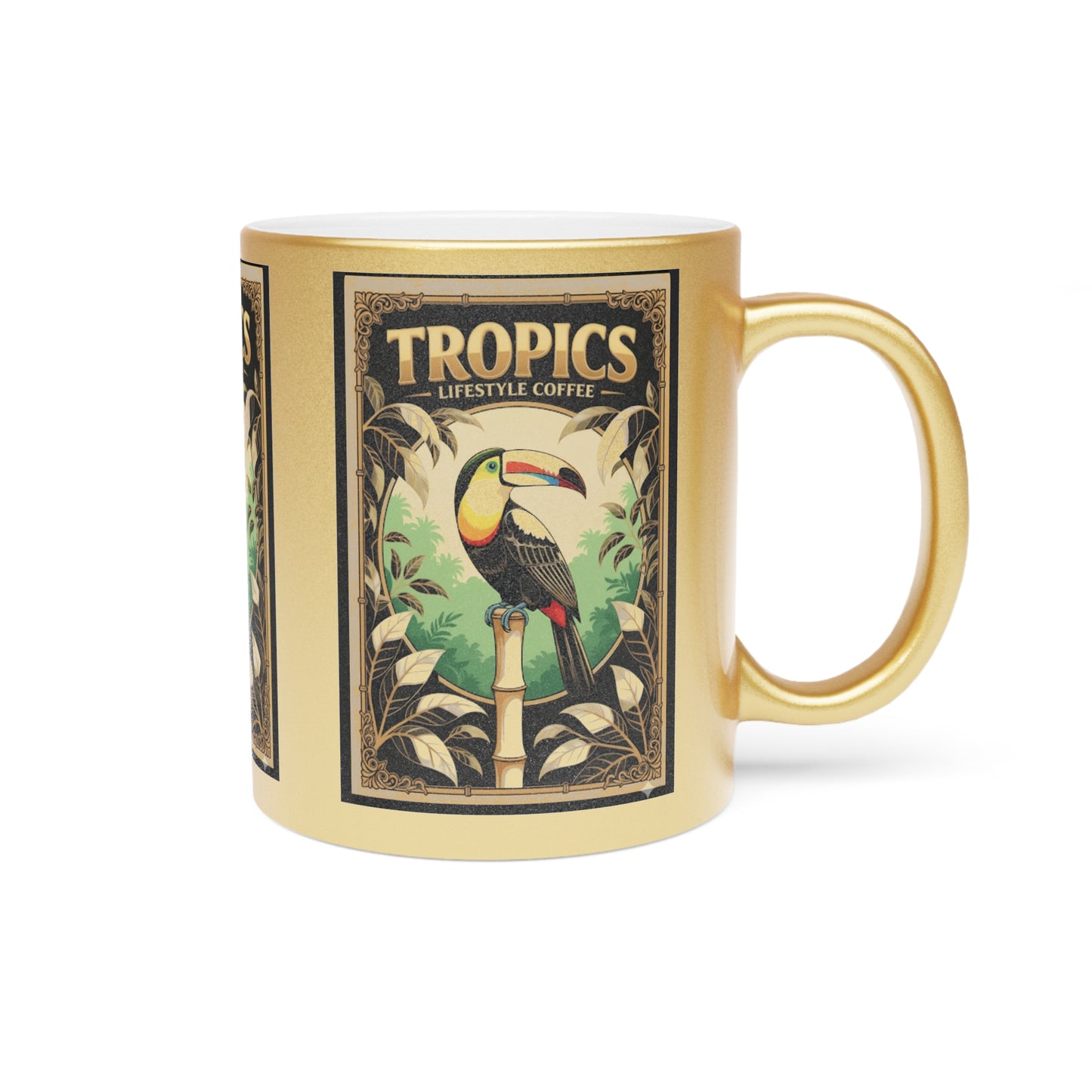 Tropical Metallic Mug, Gold or Silver: Our Coffee Brand, Pearl Parrot Poster