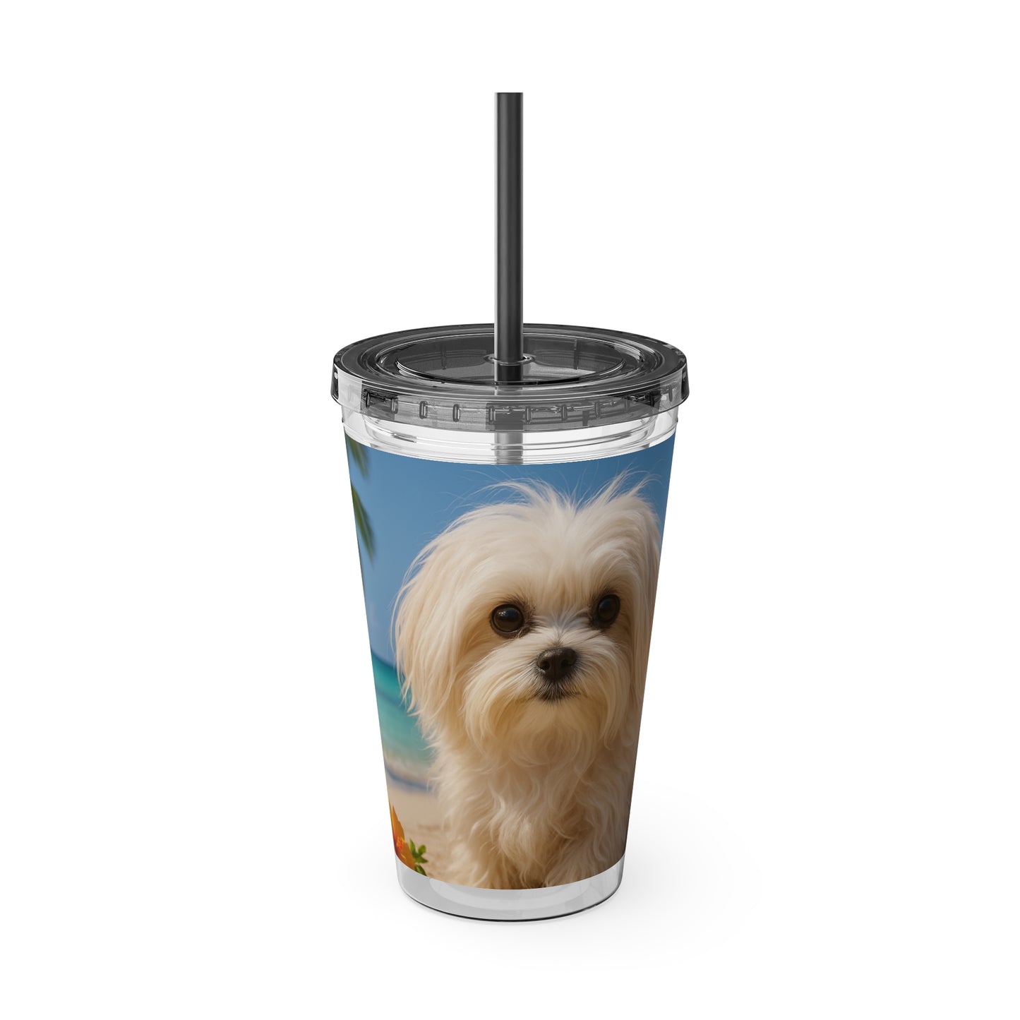 Tropical Tumbler with Straw | 16oz Colorful Travel Cup / Puppy Ariel at the Beach