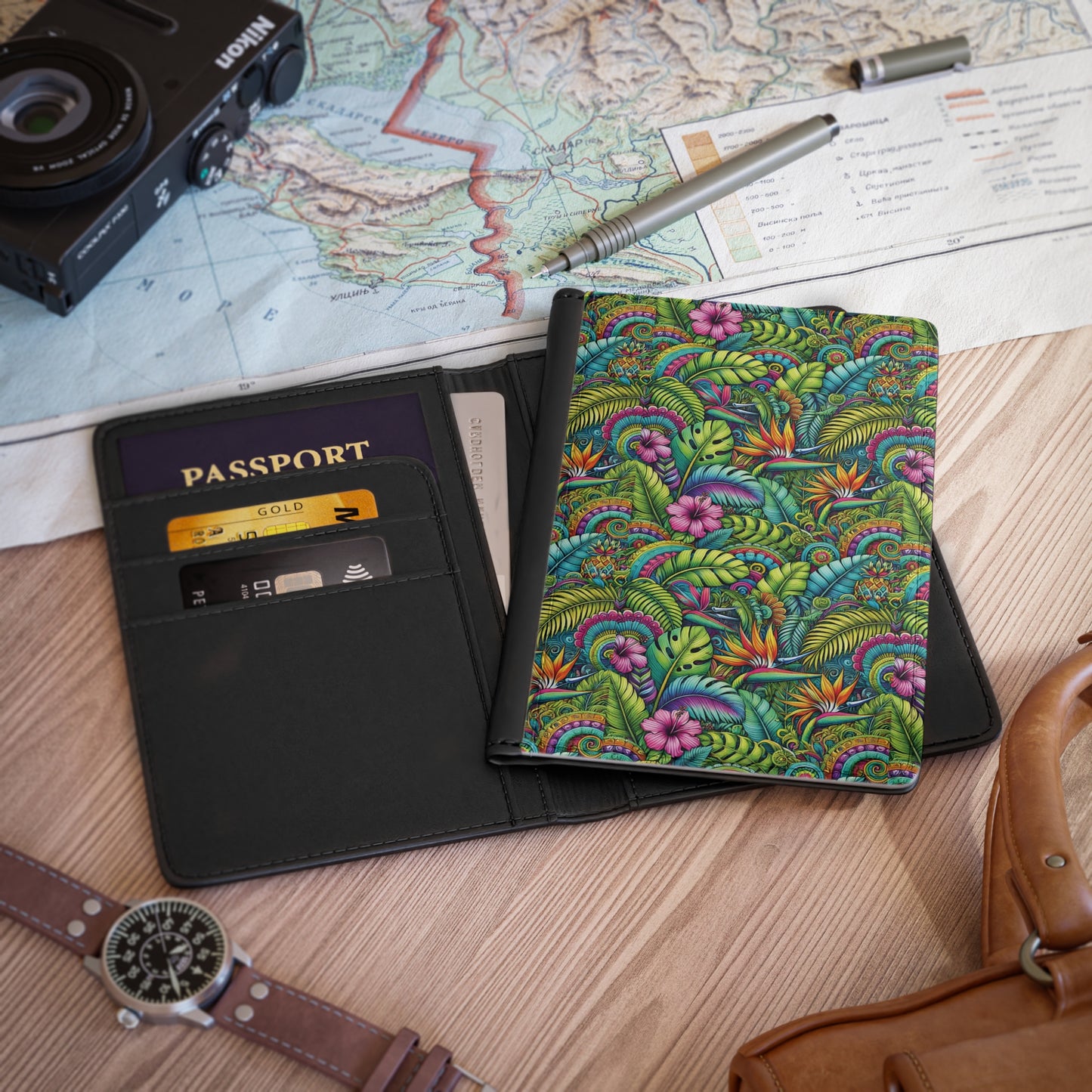 Tropical Passport Cover, Faux Leather - RFID blocking for travel security / Rainforest Blooms