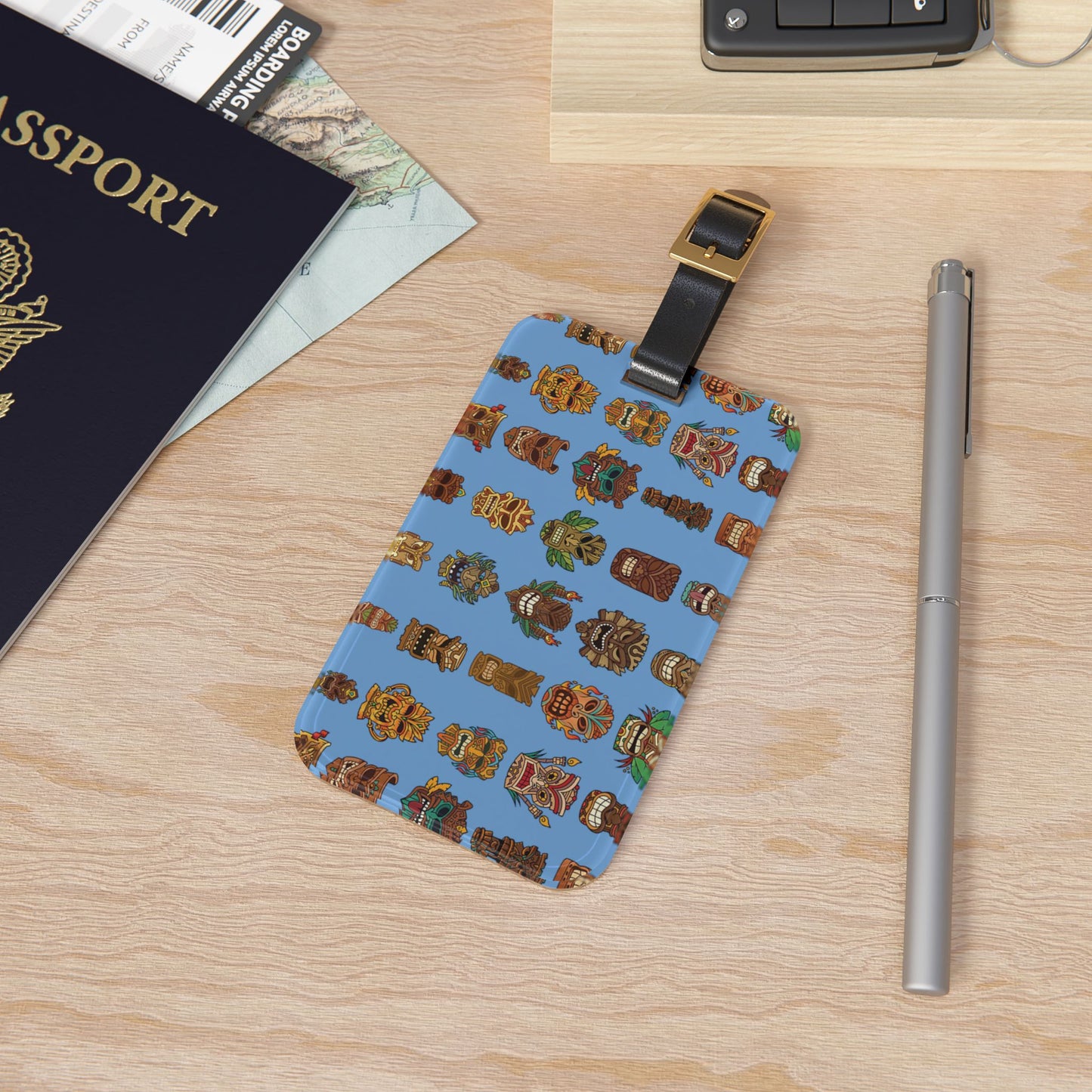 Luggage Tag - Tiny Tiki Dudes, Light Blue