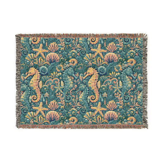 Seahorses Woven Blanket, 3 Sizes - Tropical Home Decor for Relaxation & Celebrations