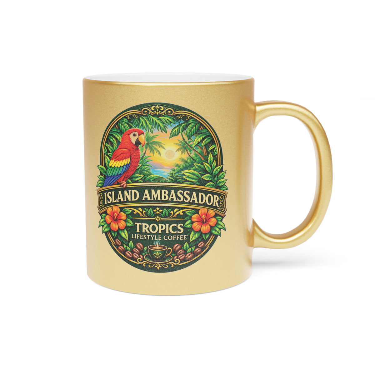 Island Ambassador Metallic Mug — Tropical Parrot Coffee Cup (Silver/Gold)