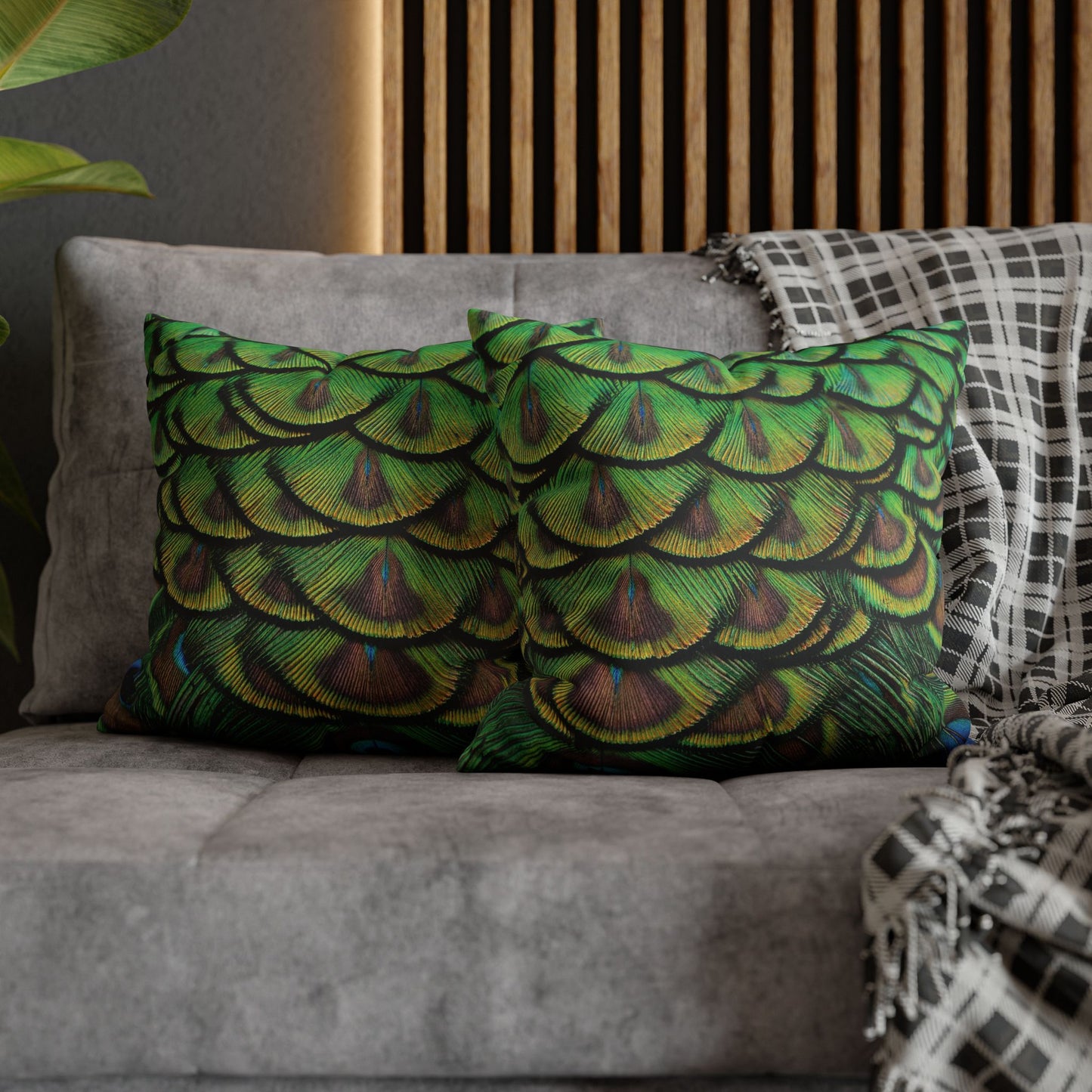 Faux Suede Square Pillowcase - Majestic Green Peacock Feathers