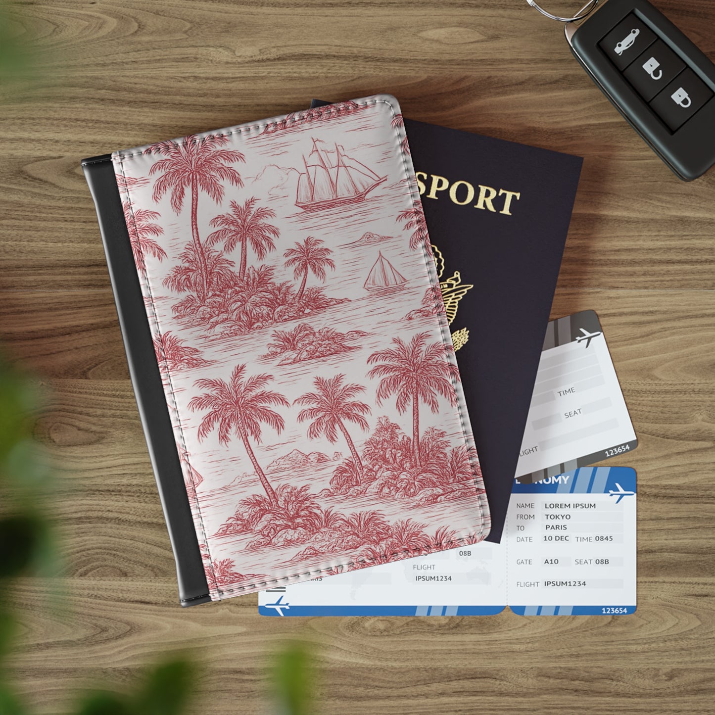 Tropical Passport Cover, Faux Leather - RFID blocking for travel security / Faraway Toile, Red