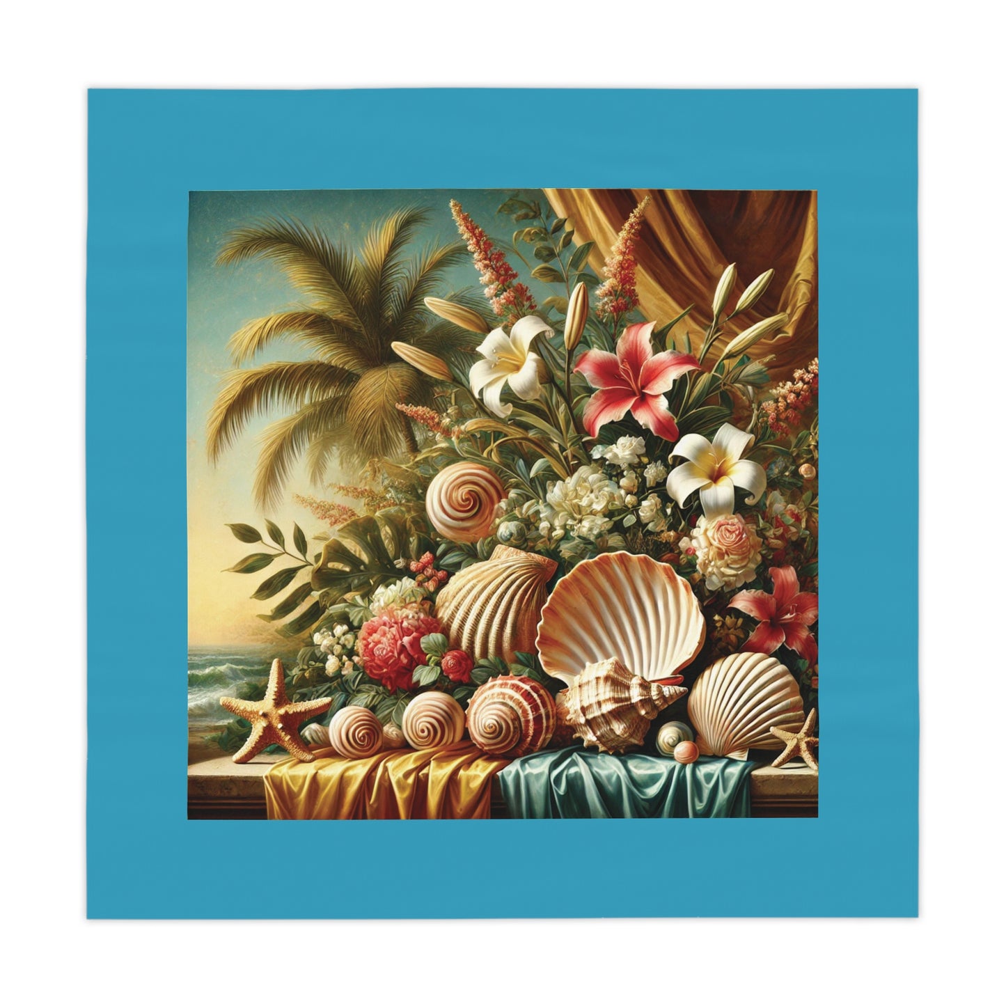 Shells and Flowers/Turquoise ~ Square Tablecloth, 55" x 55"