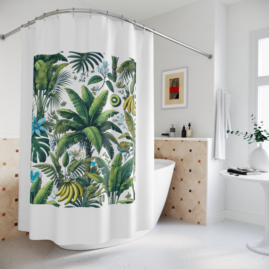 Palm Tree Shower Curtain - Ocean Bathroom Decor / Tropical Fruit/White, White