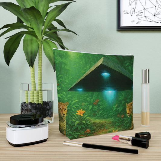 Tropical Cotton Cosmetic Bag, Makeup Pouch, 5 Sizes / Rainforest UFO and Jaguars