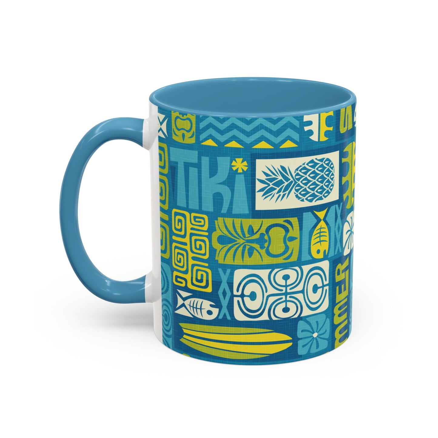 Accent Coffee Mug (11, 15oz), 8 Colors - Tiki Poster Blue