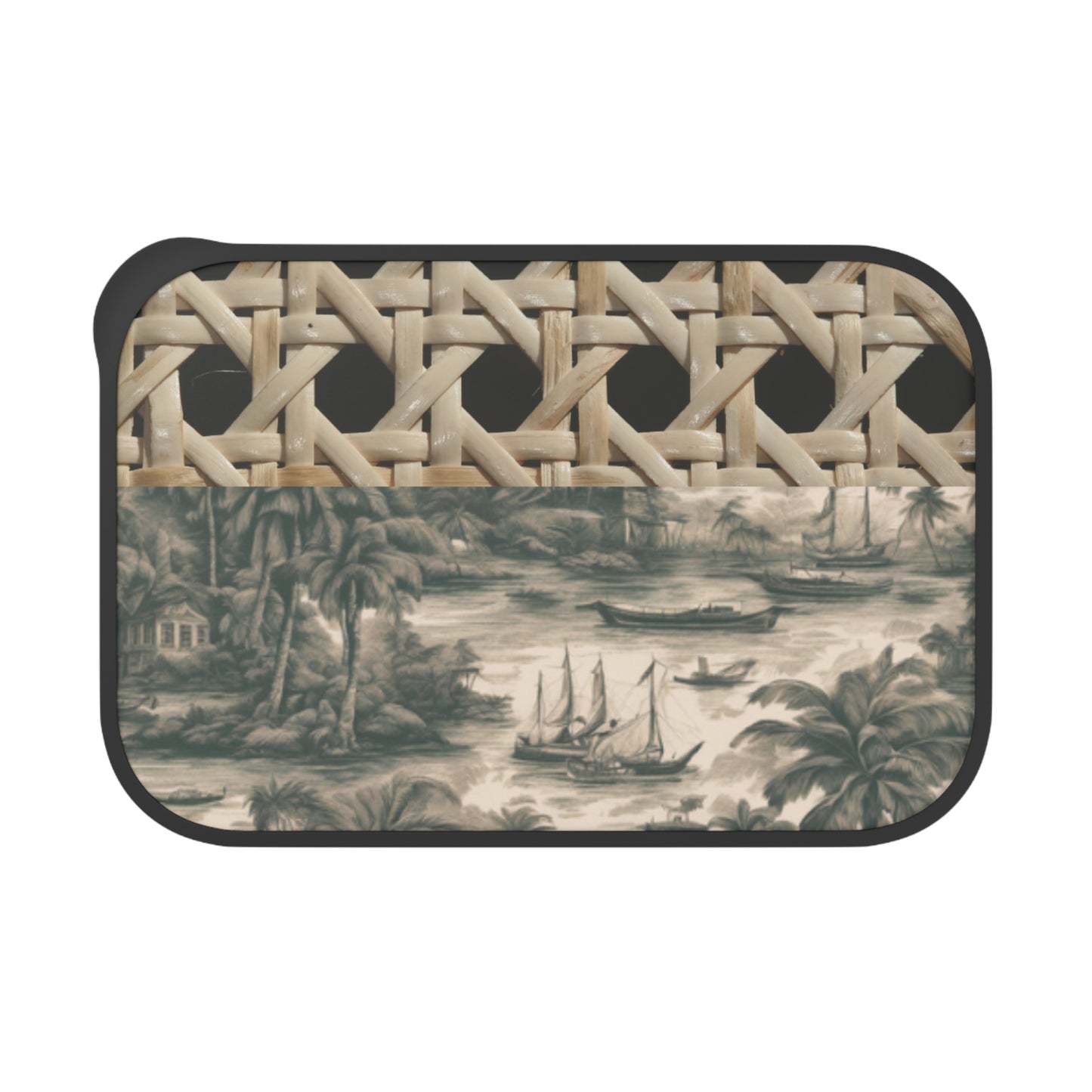 PLA Bento Box with Utensils - Landscape Design  Wicker/Tropical Toile Black