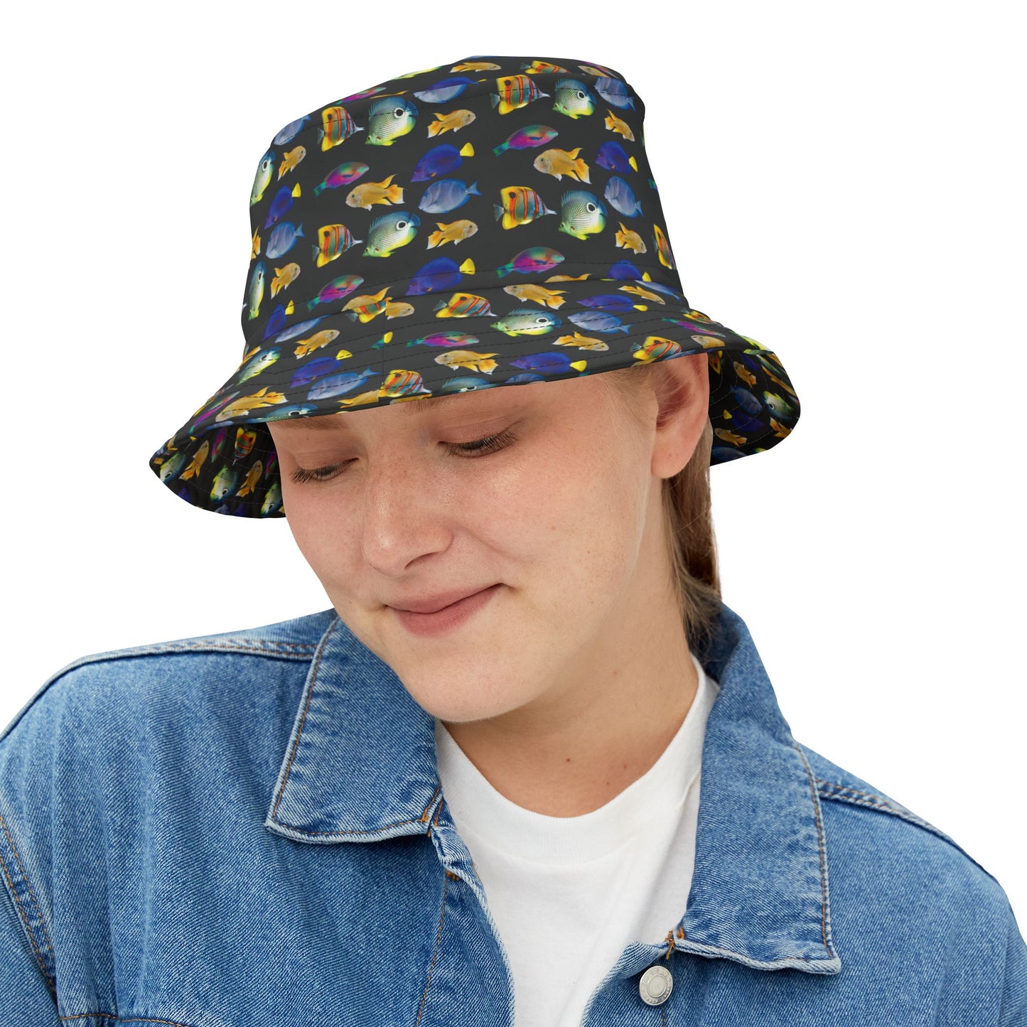 Tropical Polyester Bucket Hat, 2 Sizes - School of Fish / Black