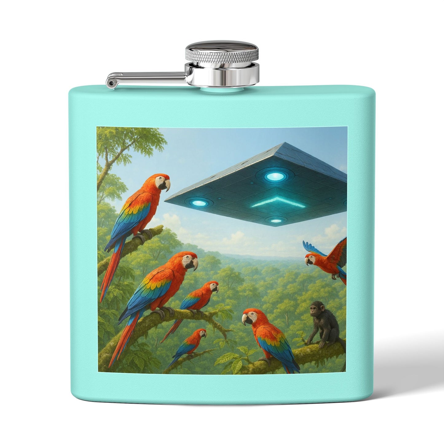 Tropical Stainless Steel 6 oz. Flask, Many Colors  – UFO and Macaws