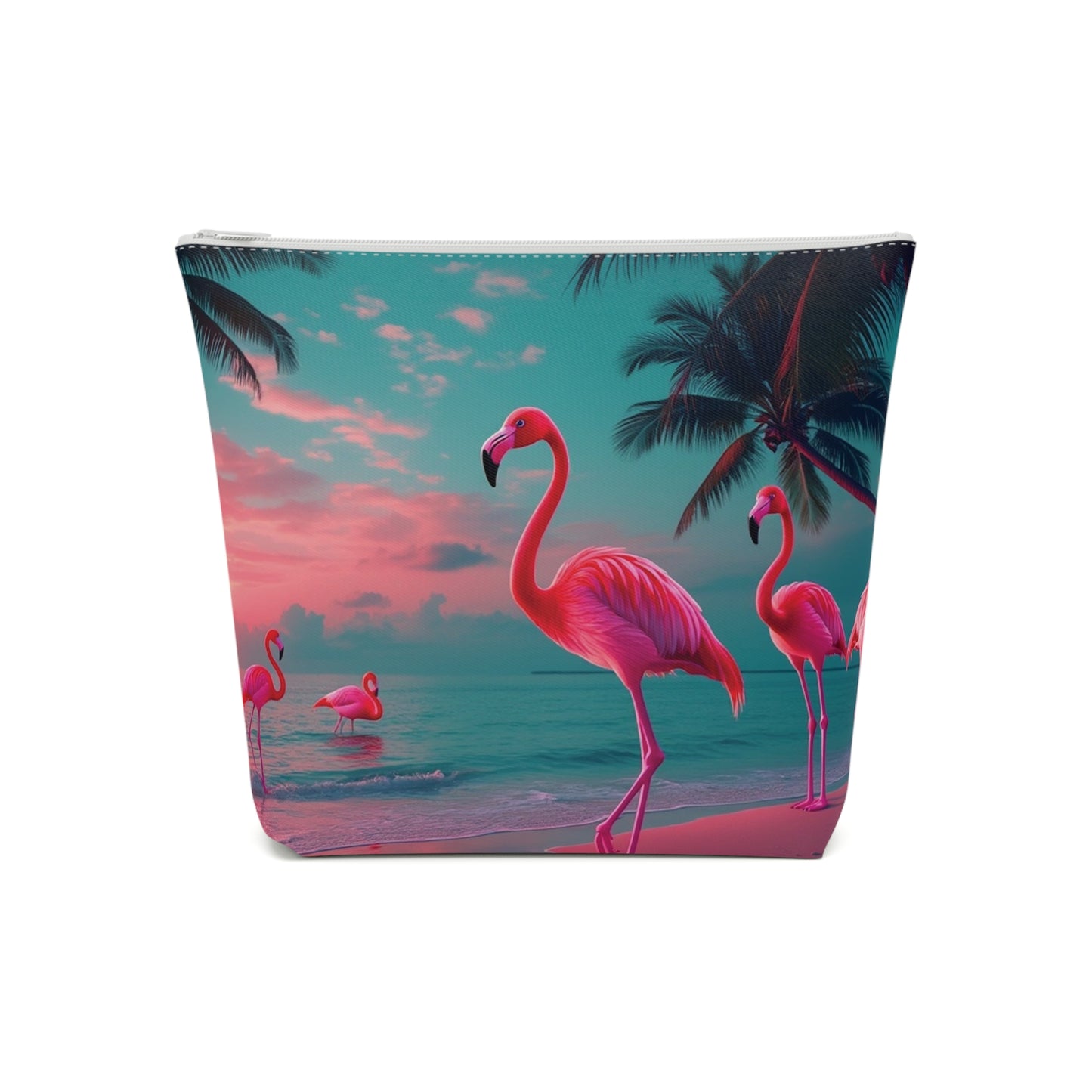 Tropical Cotton Cosmetic Bag, Makeup Pouch, 5 Sizes / Neon Flamingos at Night