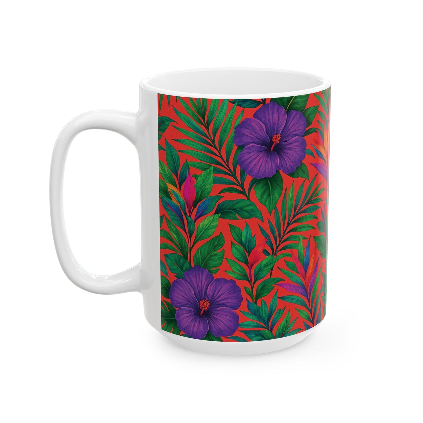 Ceramic White Mug - 11oz & 15oz, Midnight Flower Coral