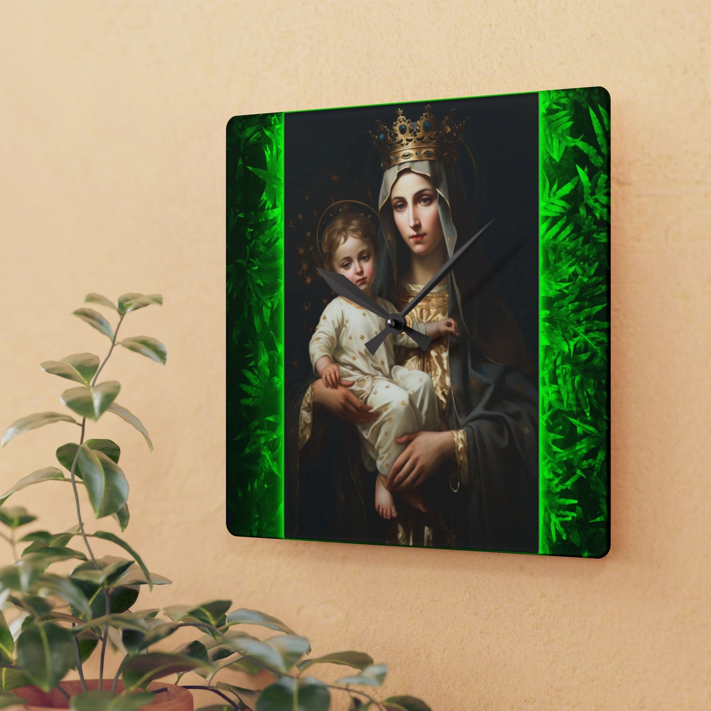 Tropical Our Lady of Mt. Carmel Acrylic Wall Clock - Elegant Religious Decor for Home and Office, 3 sizes