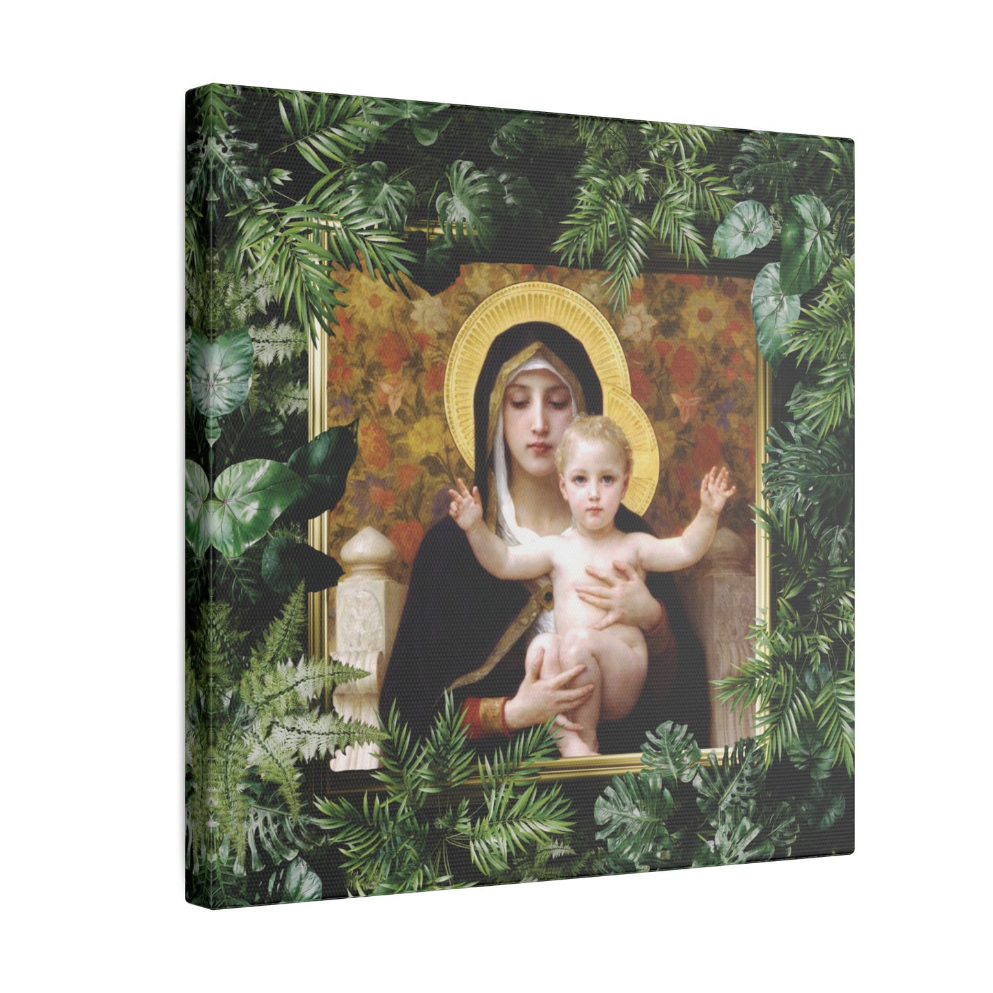 "Tropical Madonna of Lilies" Religious Canvas Artwork - Stretched Canvas Print / Virgin Mary & Jesus