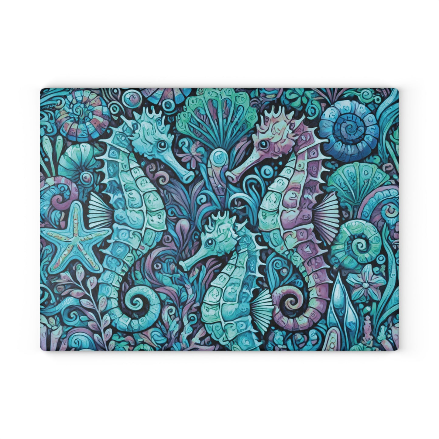 Glass Cutting Board, 2 sizes - Seahorses/Turquoise