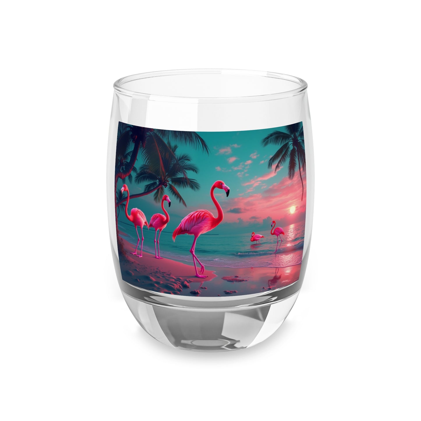 Whiskey Glass, Neon Night Flamingos